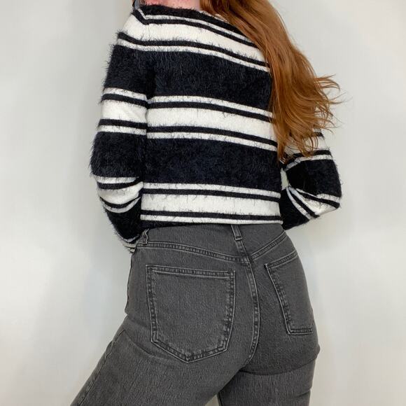 Loft Medium Black & White Fuzzy Eyelash Detailing Stripe Crewneck Sweater - Picture 4 of 10